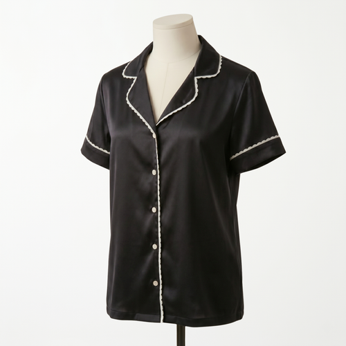 Pijama Cozy Silk Seda Negro - blusa manga corta vista frontal