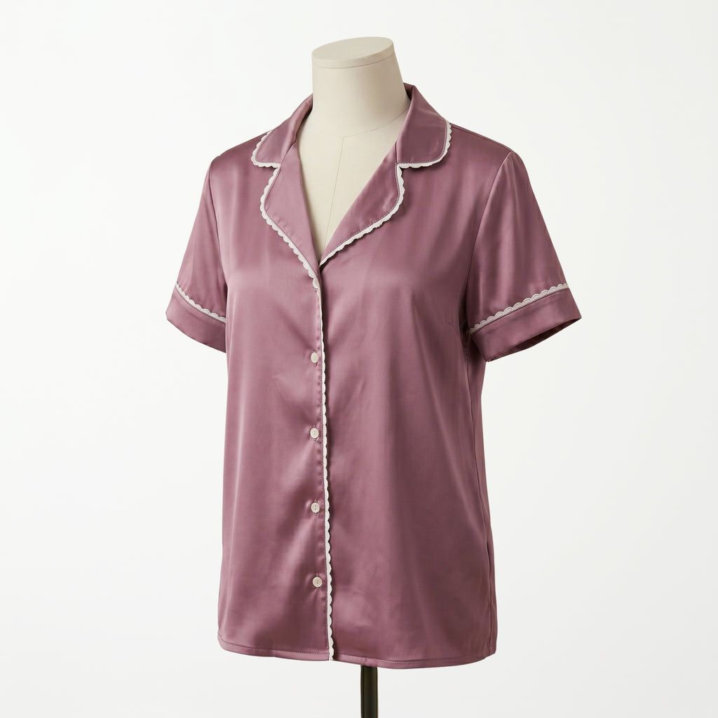 Pijama Cozy Silk Seda Rosa - blusa manga corta vista frontal