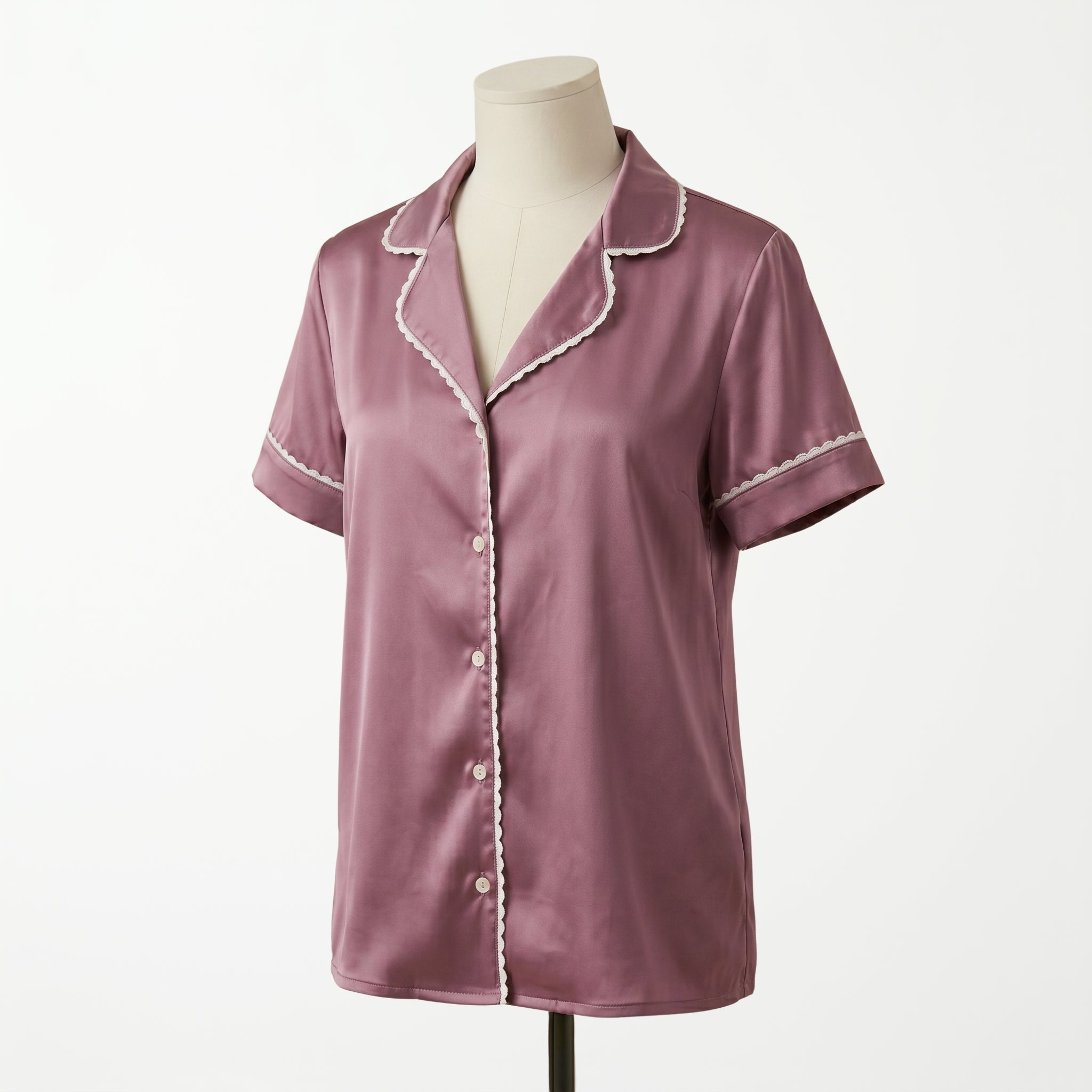 Pijama Cozy Silk Seda Rosa - blusa manga corta vista frontal