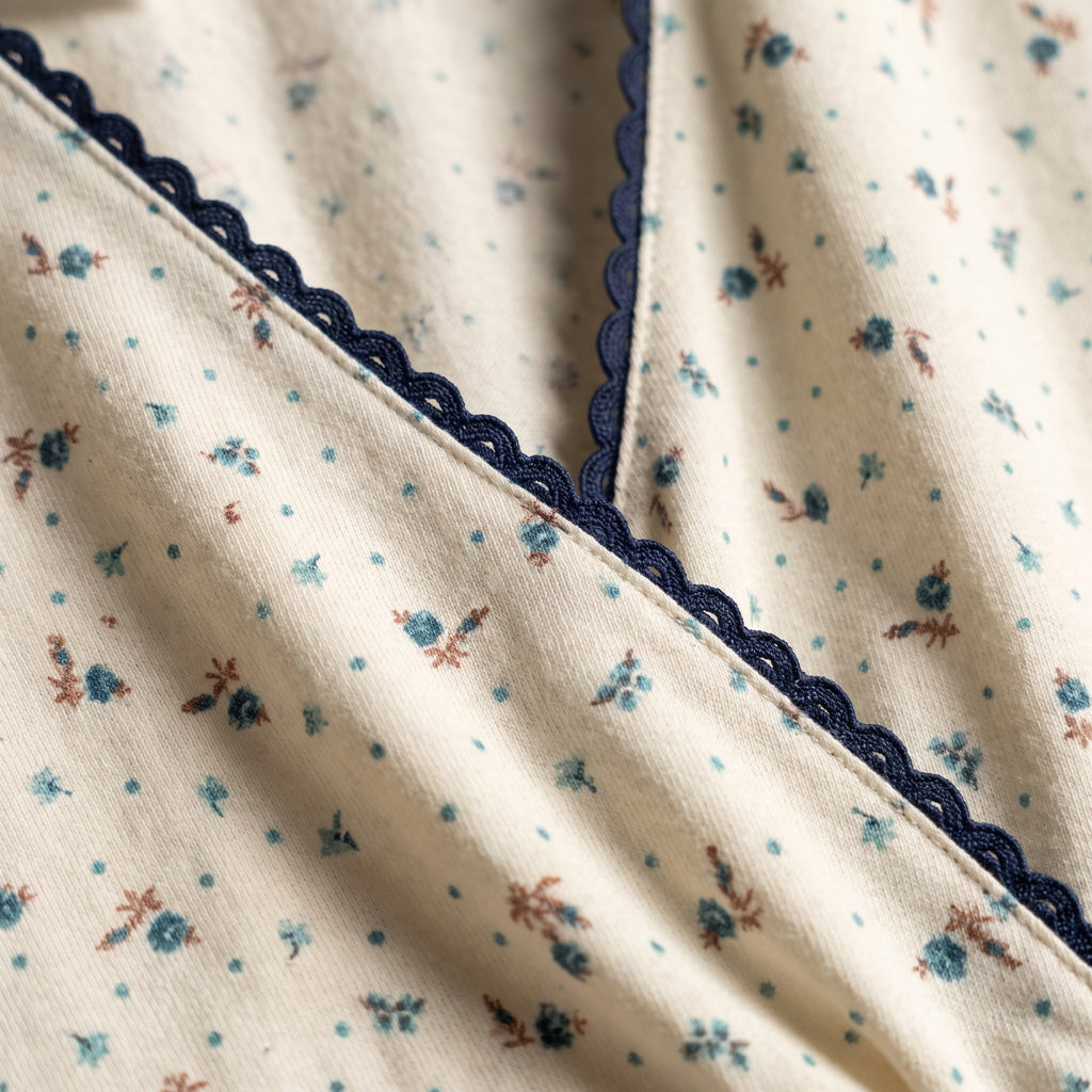 Bata Brisa, la tela: escote en V con la ondita azul marino cosida