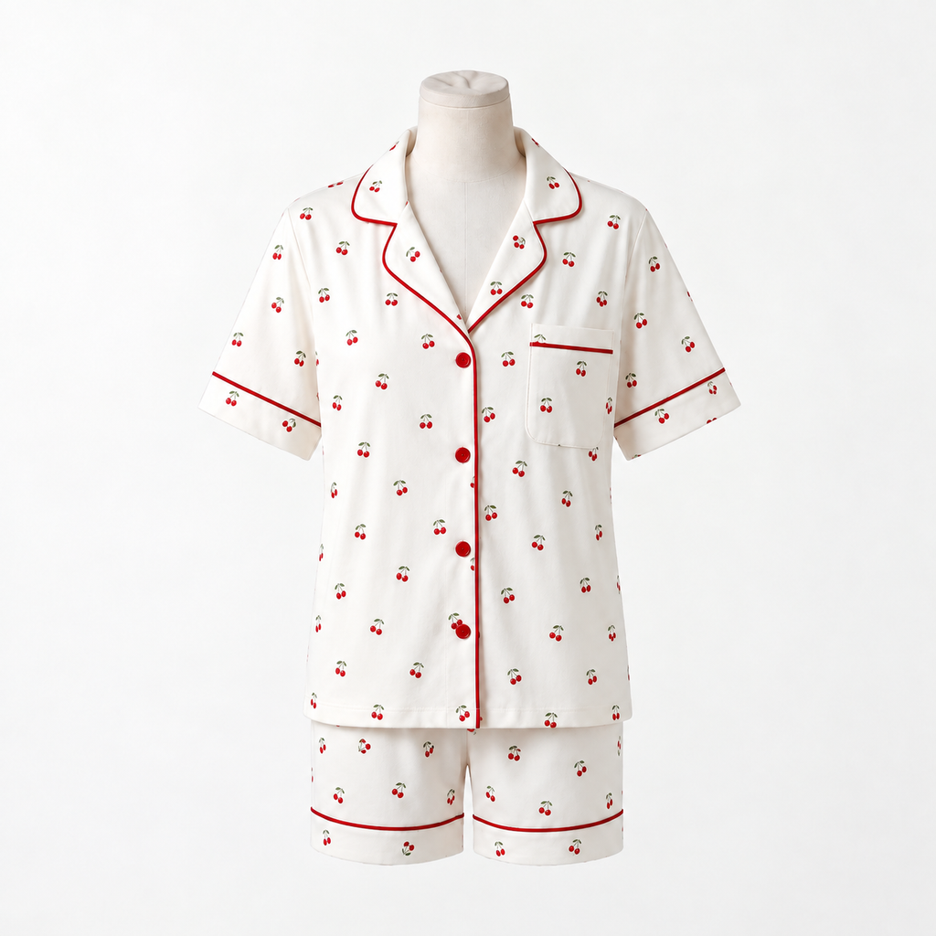 Pijama Cherry Short - conjunto blusa manga corta y short con estampado de cerezas