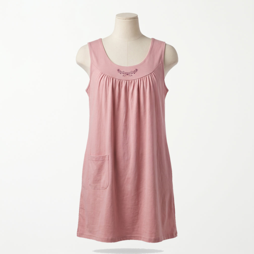 Bata clasica Dalia, rosa antiguo con estampado en el pecho, sin mangas, vista completa