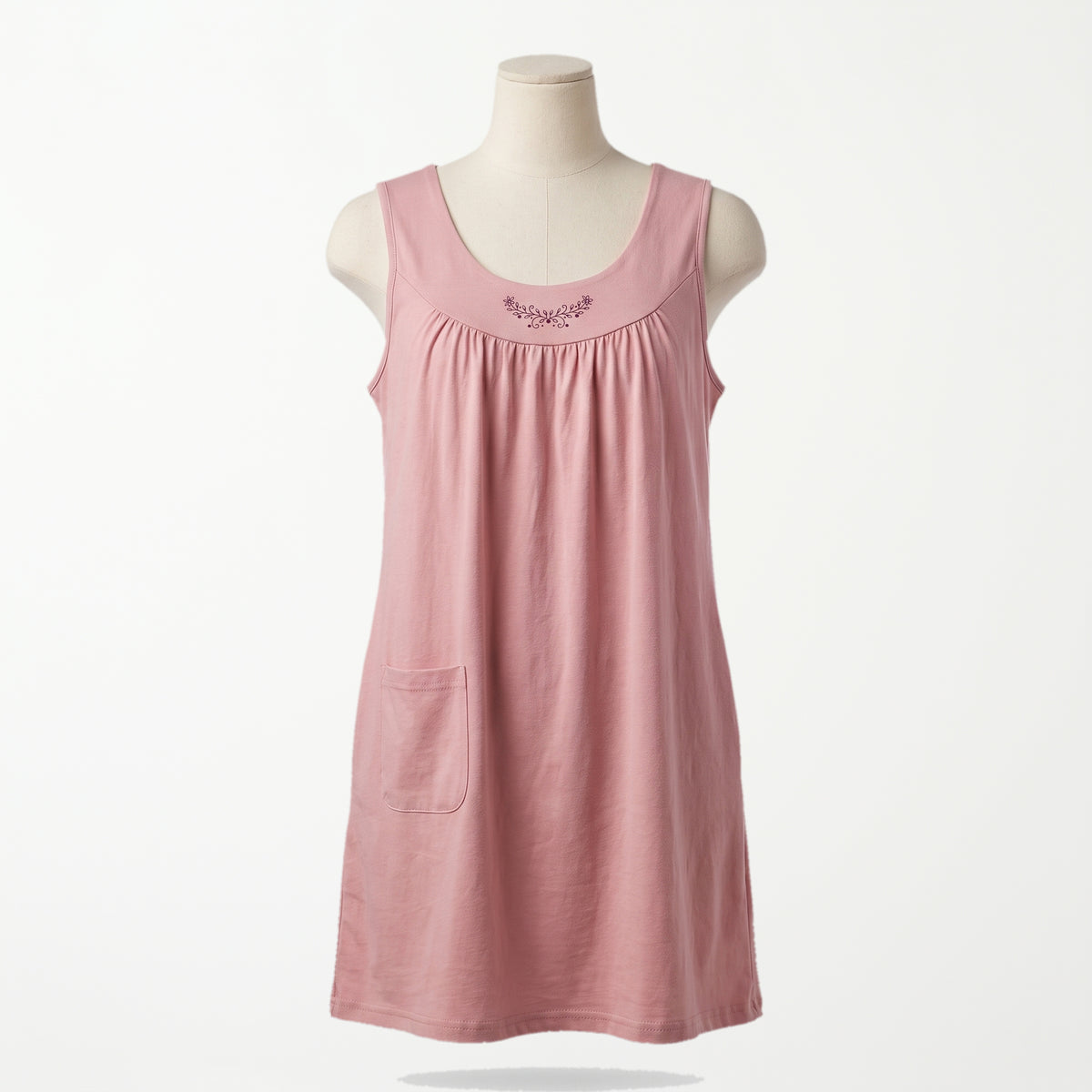 Bata clasica Dalia, rosa antiguo con estampado en el pecho, sin mangas, vista completa