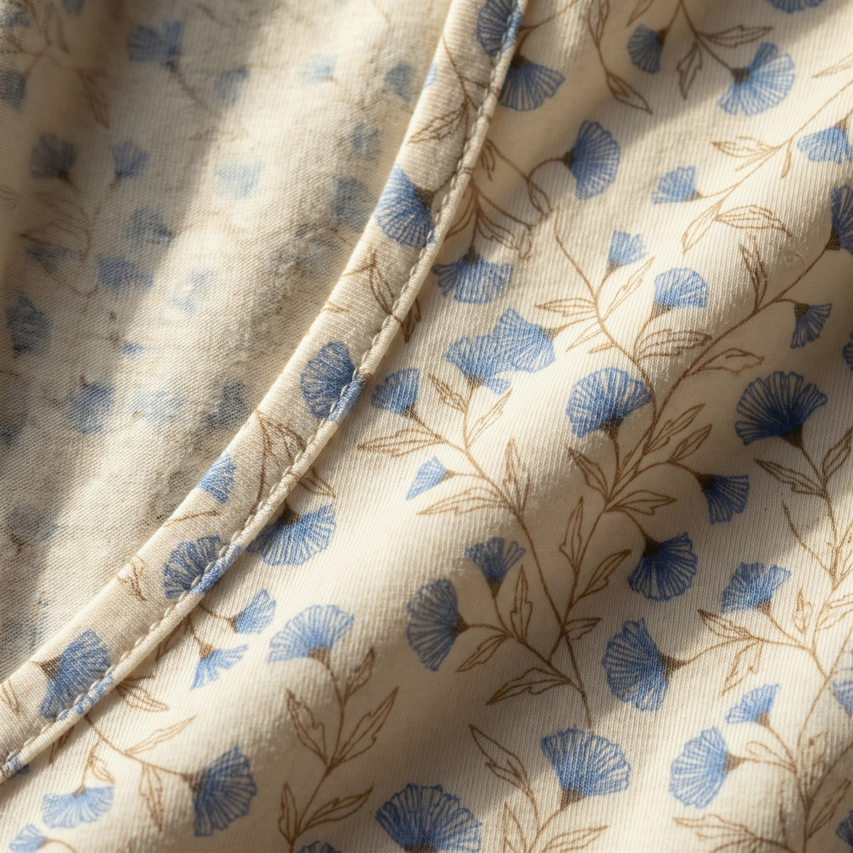 Bata Campanilla, la tela: flores azules y enredadera de hojas en contorno