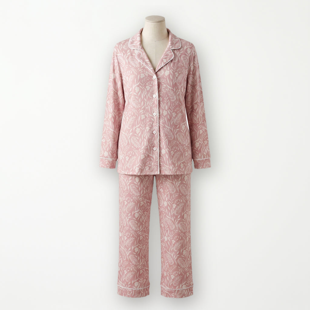 Pijama Powder Rose de manga larga y pantalón, rosa palo con botánico blanco