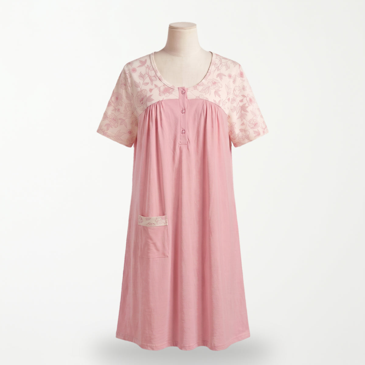 Bata clásica Orquídea en rosa palo con canesú crema floreado, vista completa