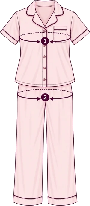 Dibujo de una pijama con los dos puntos de medida: el contorno de busto y la cadera